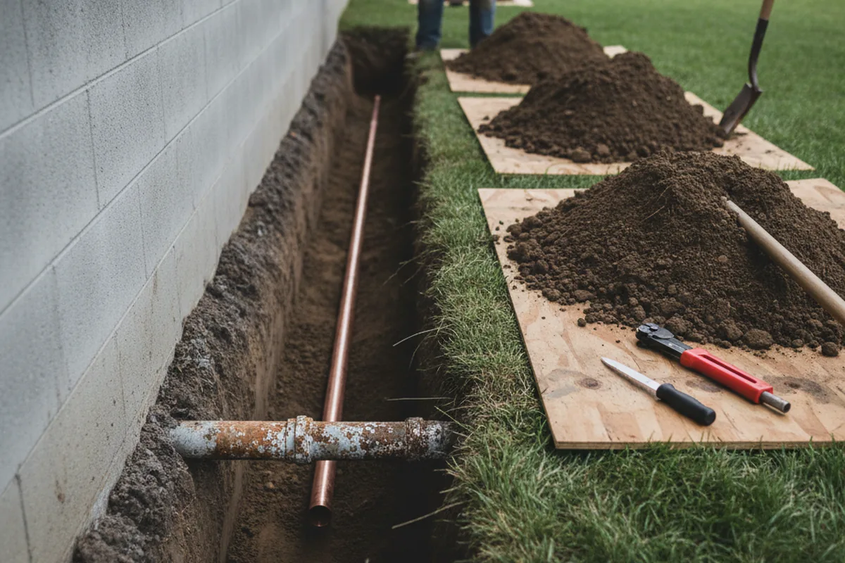 Excavated water line trench during Water Heater Repair in Tranquillity
